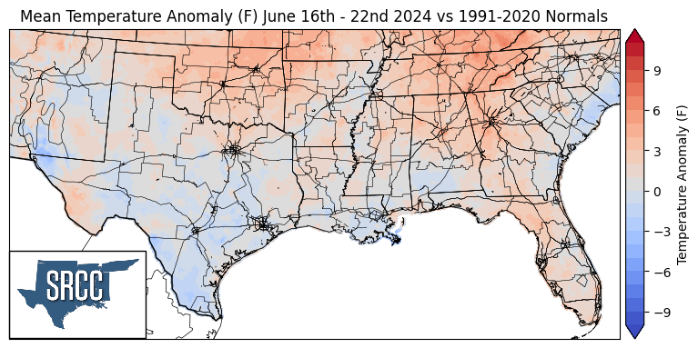 Temperature Difference from Normal June 16-22, 2024