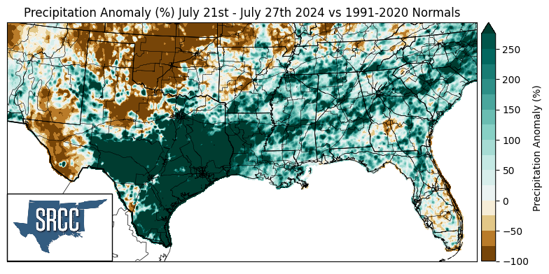 Precipitation Anomaly % July 21-27, 2024 vs 1990-2020 Normals