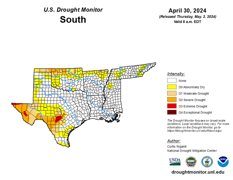 U.S Drought Monitor for the Southern Climate Region, Valid April 30th