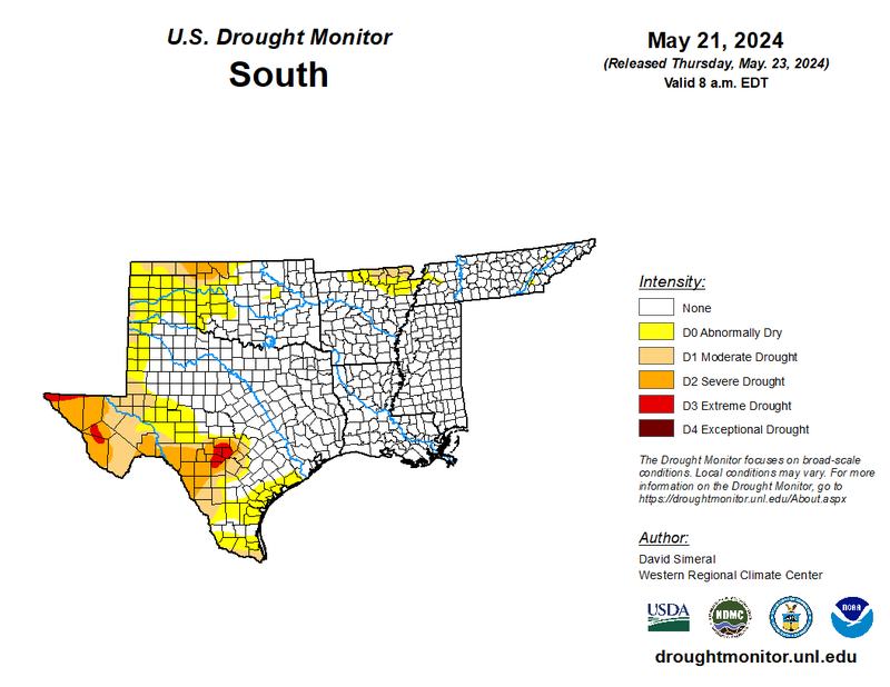 U.S Drought Monitor for the Southern Climate Region, Valid May 21st