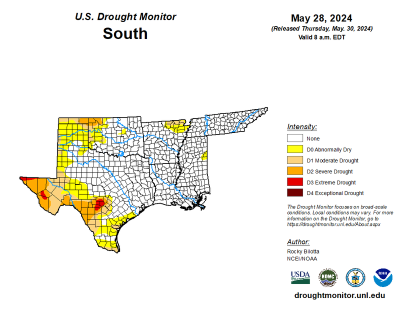 U.S. Drought Monitor for the Southern Region for May 28th, 2024