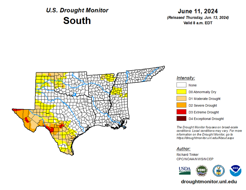 U.S Drought Monitor for the Southern Climate Region, Valid June 11th