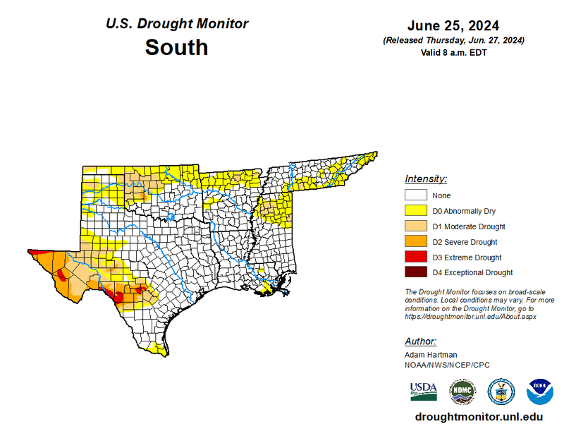 U.S Drought Monitor for the Southern Climate Region, Valid June 25th