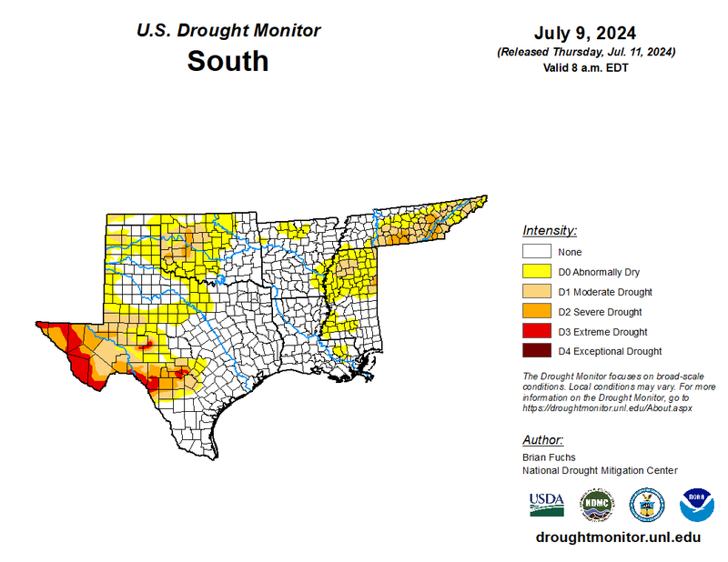 U.S Drought Monitor for the Southern Climate Region, Valid July 9th