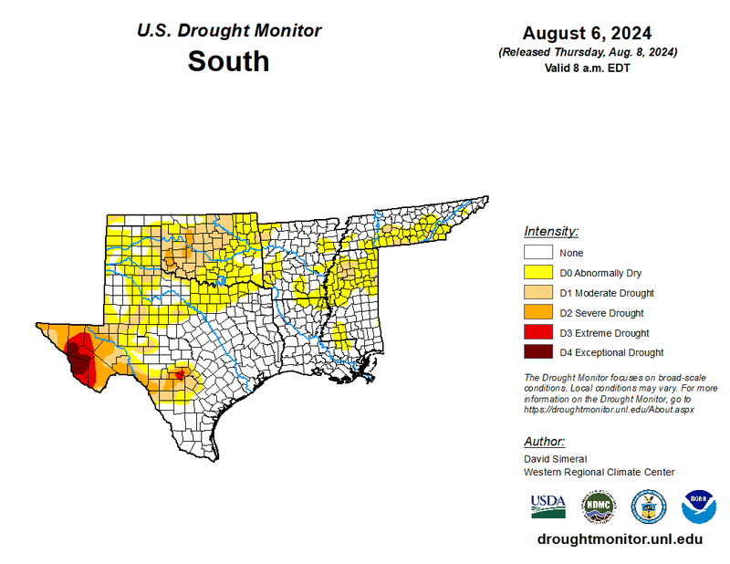 U.S Drought Monitor for the Southern Climate Region, Valid August 6th