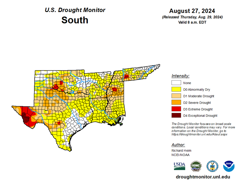 U.S Drought Monitor for the Southern Climate Region, Valid August 27th