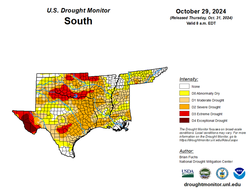 Drought Monitor valid 10/31/2024: A map of the Southern Region depicting intensity of drought