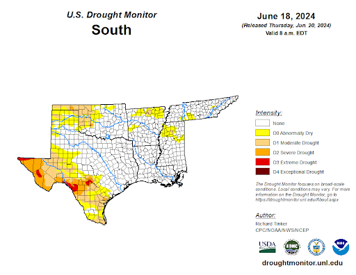 U.S Drought Monitor for the Southern Climate Region, Valid June 18th