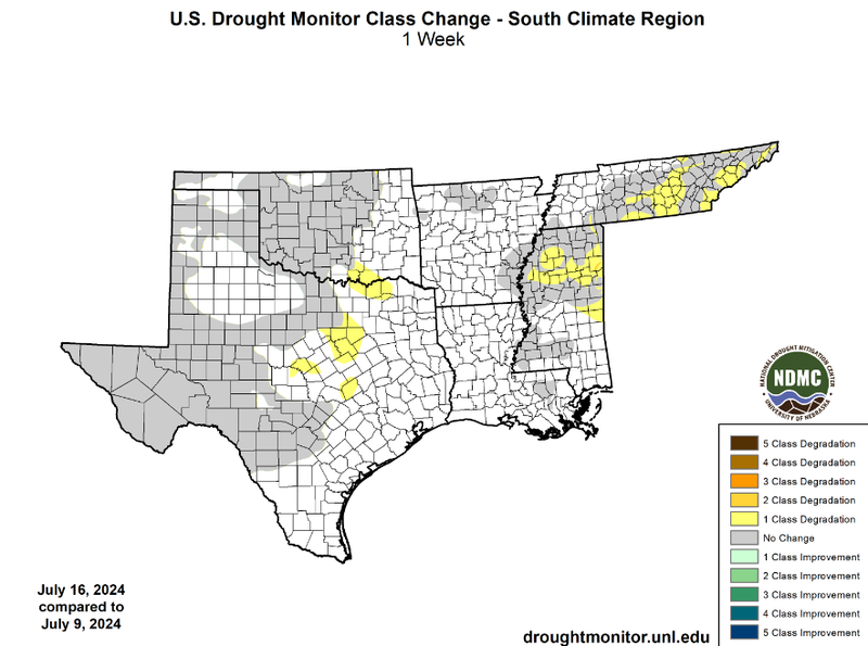 U.S Drought Monitor Class Change Map for Southern Climate Region, Valid July 16th