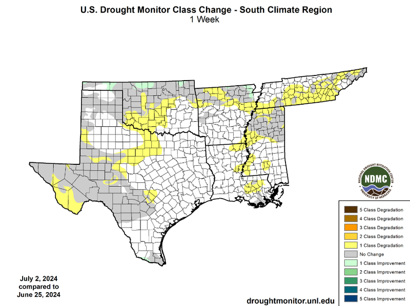 U.S Drought Monitor Class Change Map for Southern Climate Region, Valid July 2nd