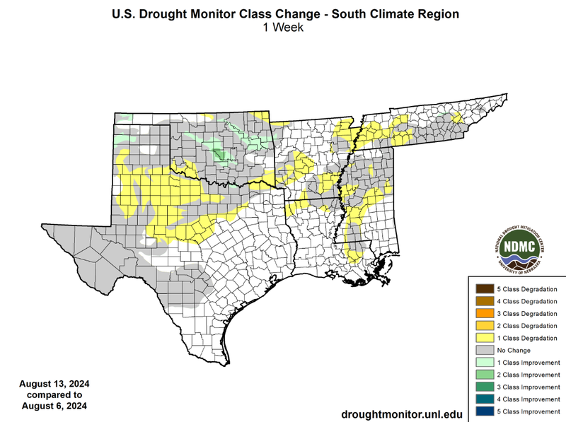 U.S Drought Monitor Class Change Map for Southern Climate Region, Valid August 13th