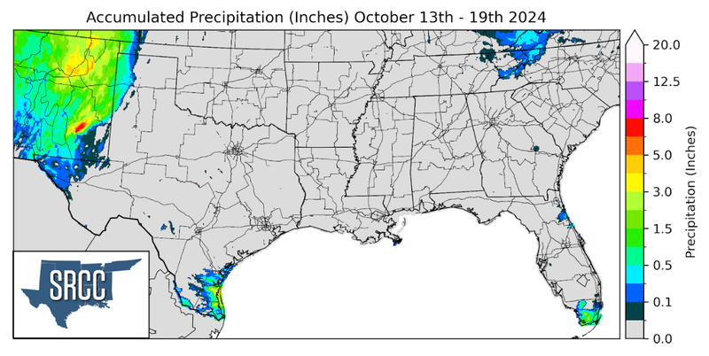 Graphic showing the accumulated precipitation across the Southern Region for October 13th - 19th