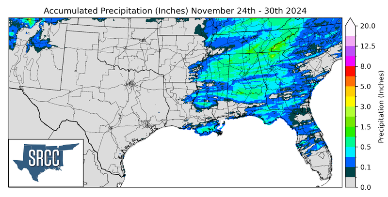 Graphic showing the accumulated precipitation across the Southern Region for November 24th - 30th