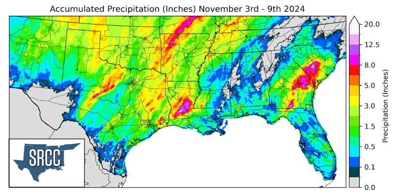 Graphic showing the accumulated precipitation across the Southern Region for November 3rd - 9th