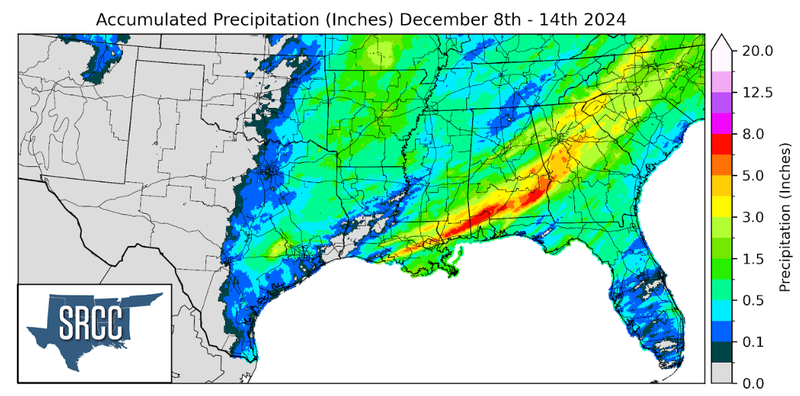 Graphic showing the accumulated precipitation across the Southern Region for December 8th - 14t