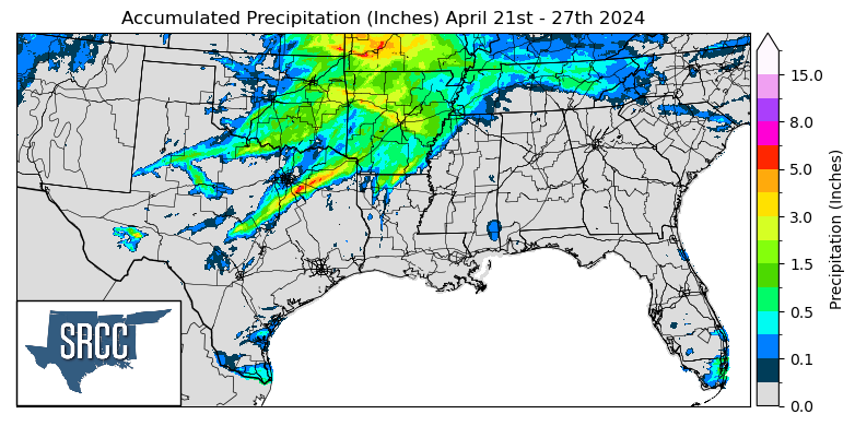 Graphic showing the accumulated precipitation across the Southern Region for April 21st - 27th