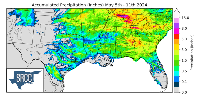 Graphic showing the accumulated precipitation across the Southern Region for May 5th - 11th