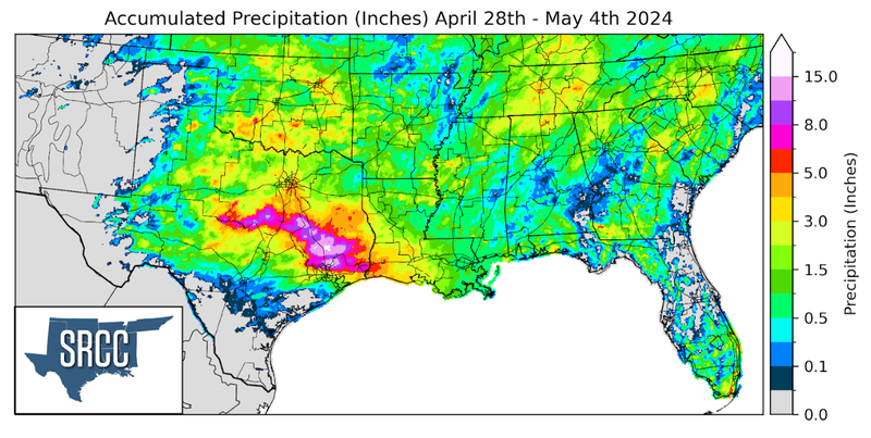 Graphic showing the accumulated precipitation across the Southern Region for April 28th - May 4th