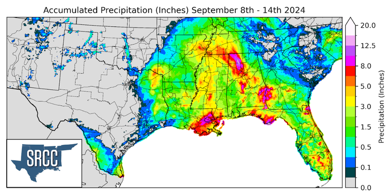 Graphic showing the accumulated precipitation across the Southern Region for September 8th - 14th