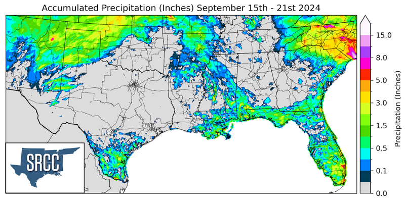 Graphic showing the accumulated precipitation across the Southern Region for September 15th - 21st