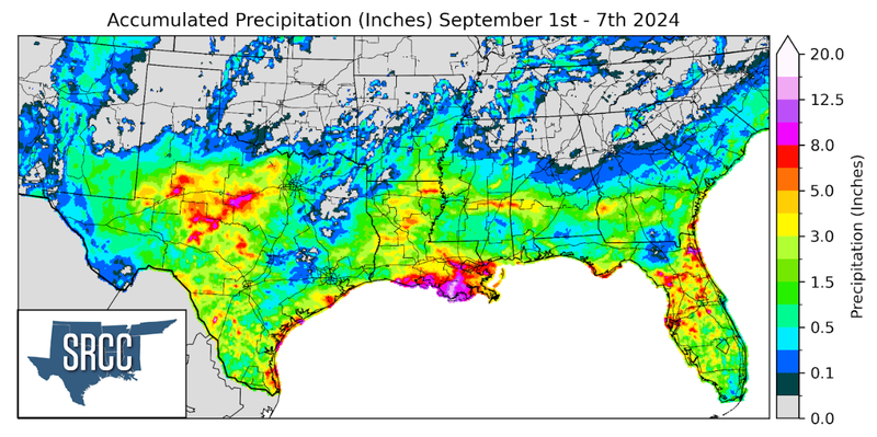 Graphic showing the accumulated precipitation across the Southern Region for September 1st - 7th