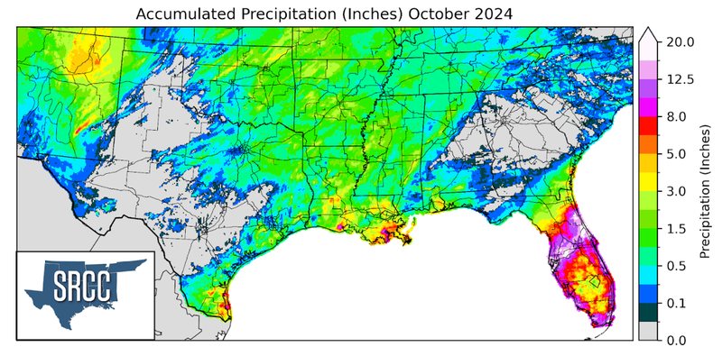 Graphic showing the accumulated precipitation across the Southern Region for October