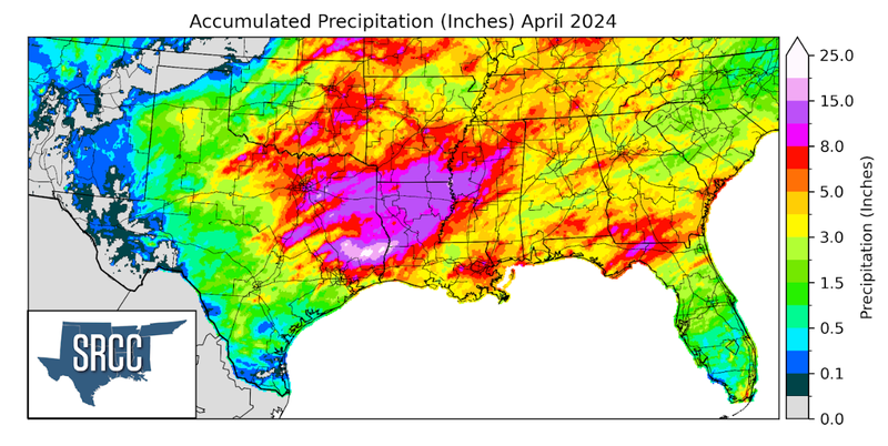 Graphic showing the accumulated precipitation across the Southern Region for April