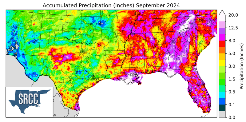 Graphic showing the accumulated precipitation across the Southern Region for September