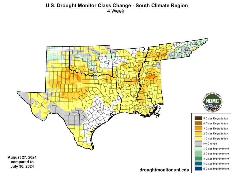 U.S Drought Monitor Class Change Map for August , Southern Climate Region