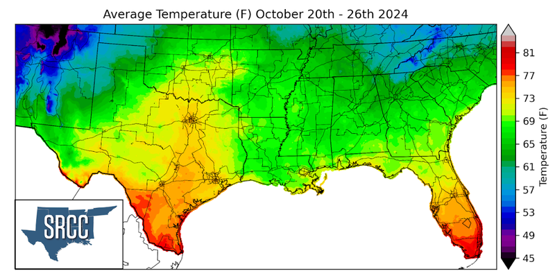 Graphic showing the average temperature across the Southern Region for October 20th - 26th