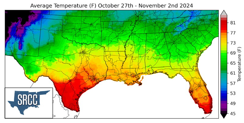 Graphic showing the average temperature across the Southern Region for October 27th - November 2nd