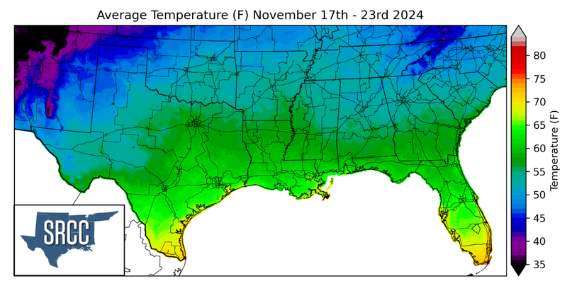 Graphic showing the average temperature across the Southern Region for November 17th - 23rd