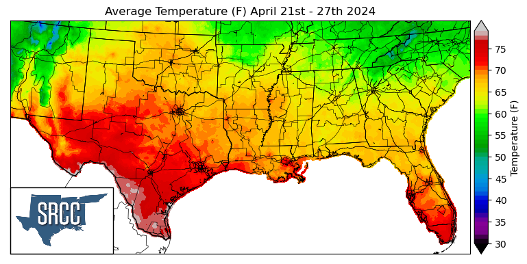 Graphic showing the average temperature across the Southern Region for April 21st - 27th