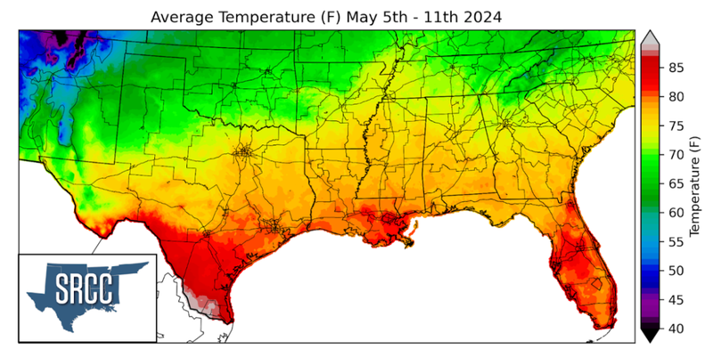 Graphic showing the average temperature across the Southern Region for May 5th - 11th