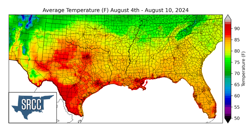 Graphic showing the average temperature across the Southern Region for August 4th - 10th