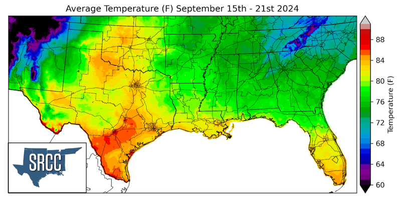 Graphic showing the average temperature across the Southern Region for September 15th - 21st