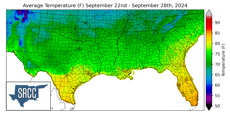 Graphic showing the average temperature across the Southern Region for September 22nd - 28th