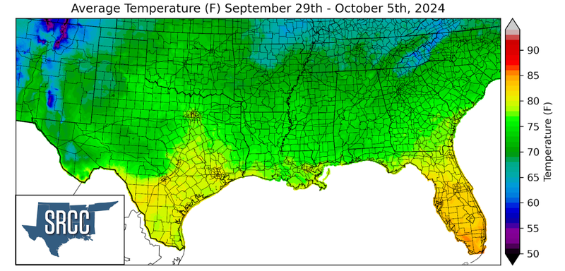 Graphic showing the average temperature across the Southern Region for September 29th - October 5th