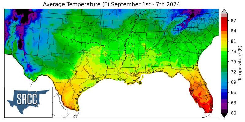 Graphic showing the average temperature across the Southern Region for September 1st - 7th