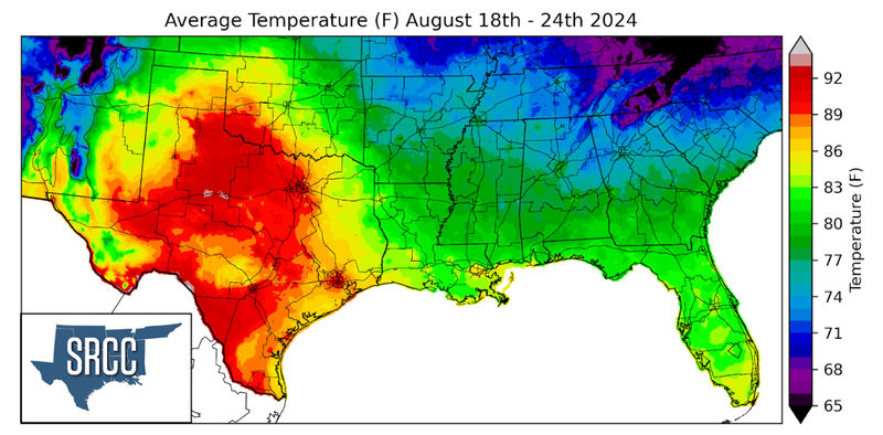 Graphic showing the average temperature across the Southern Region for August 18th - 24th