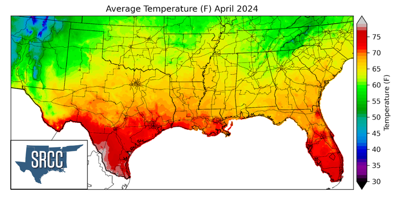 Graphic showing the average temperature across the Southern Region for April