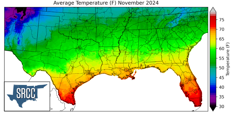 Graphic showing the average temperature across the Southern Region for November