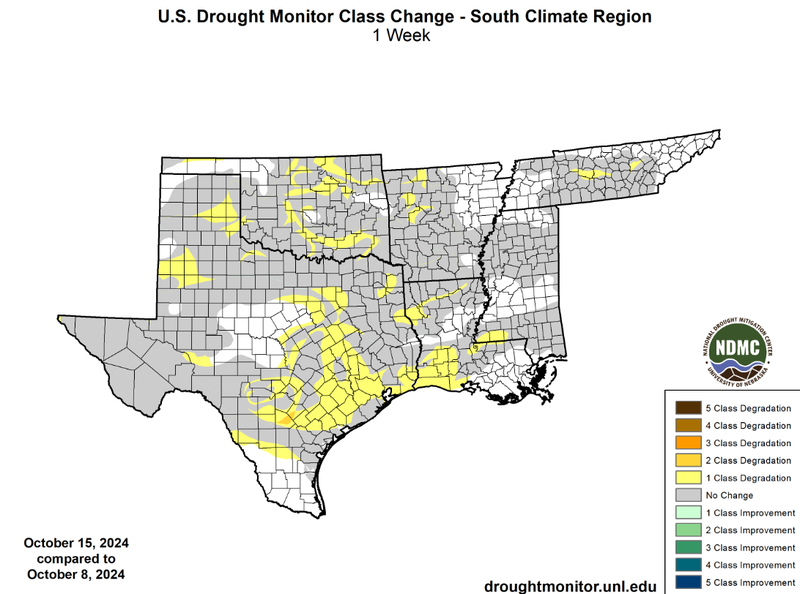 U.S Drought Monitor Class Change Map for Southern Climate Region, Valid October 15th