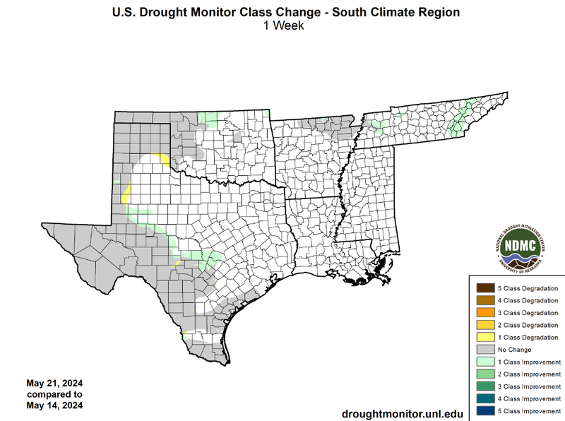 U.S Drought Monitor Class Change Map for Southern Climate Region, Valid May 21st