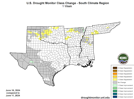 U.S Drought Monitor Class Change Map for Southern Climate Region, Valid June 18th