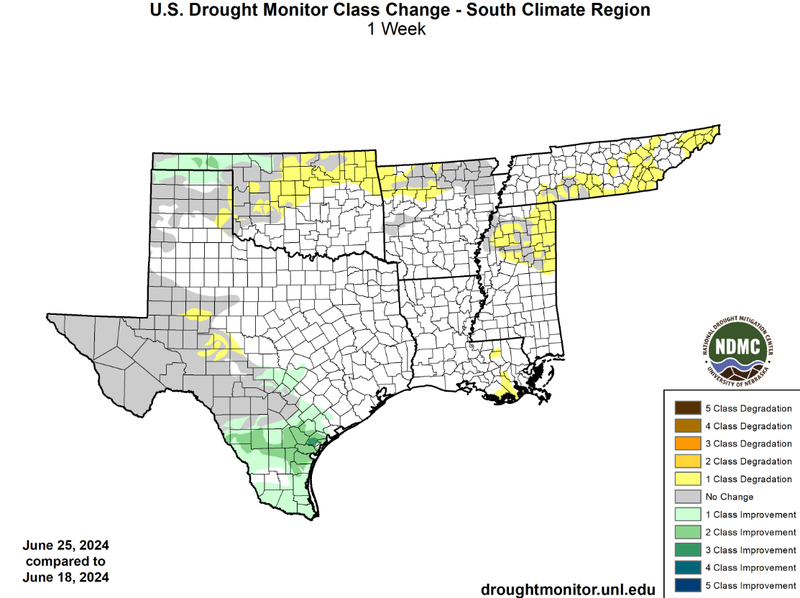 U.S Drought Monitor Class Change Map for Southern Climate Region, Valid June 25th