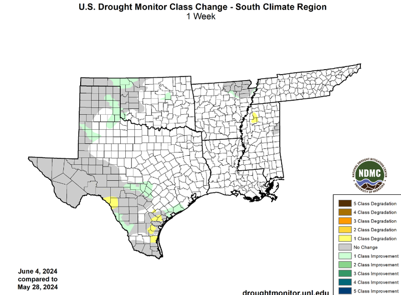 U.S Drought Monitor Class Change Map for Southern Climate Region, Valid June 4th