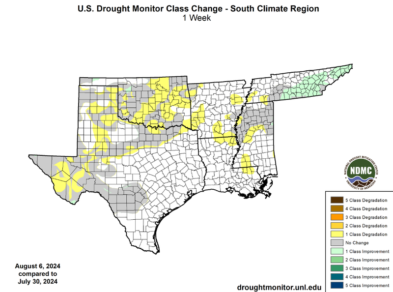 U.S Drought Monitor Class Change Map for Southern Climate Region, Valid August 6th