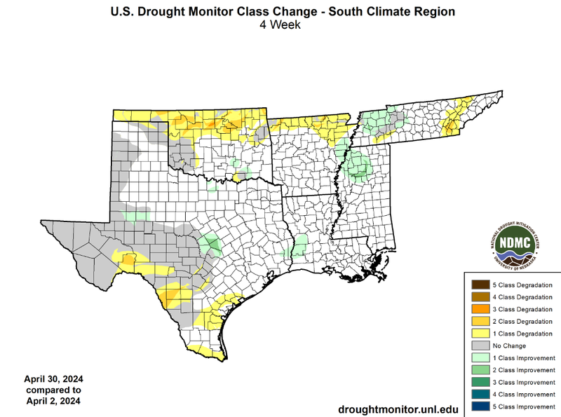 U.S Drought Monitor Class Change Map for April , Southern Climate Region