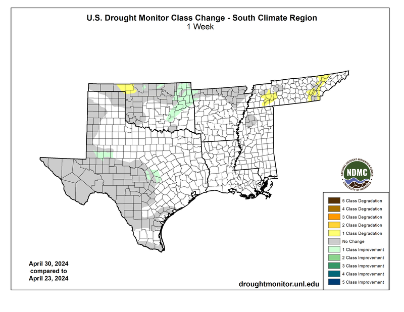 U.S. Drought Monitor Class Change for the Southern Region for April 30th, 2024